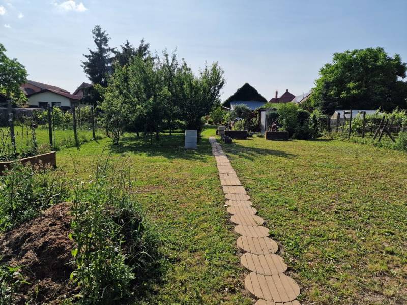 A garden at a family house in Dlhá nad Váhom with a green lawn and a walkway.