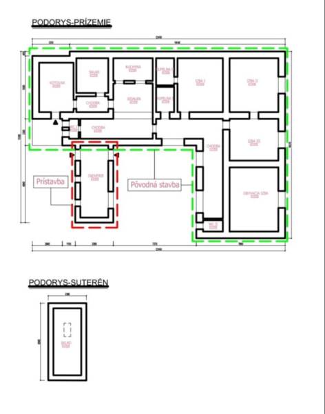 The floor plan of the family house in Kolárovo shows the ground floor and the basement with several rooms.