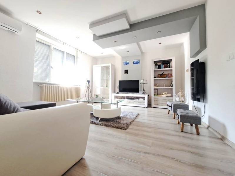 Living room in a family house with a wooden decor floor and a sofa.