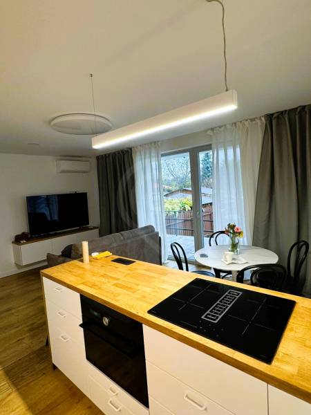Kitchen island with a cooktop, dining table, and sofa in a family house.
