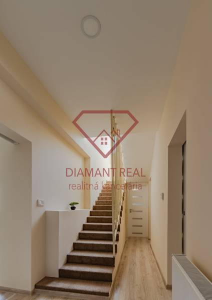 Interior of a family house with a carpeted staircase and a wooden decor floor.
