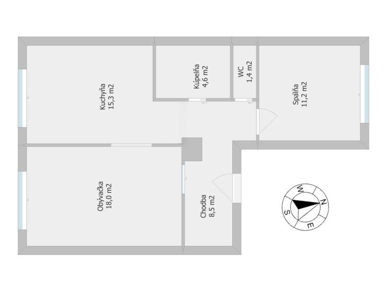 Floor plan of a 2-room apartment with a bedroom, living room, kitchen, bathroom, and toilet.