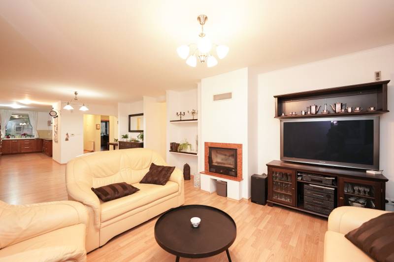 Living room in a family house with a fireplace, leather sofas, and a floor with a wooden decor.