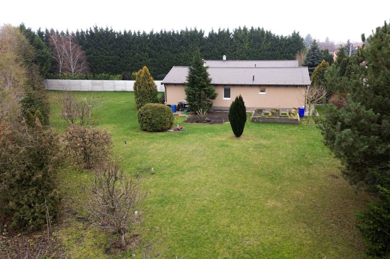 A family house on Hlavná Street in Kvetoslavov, surrounded by a large garden and coniferous trees.