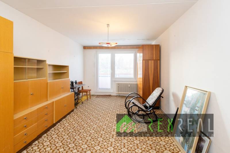 Living room in a 4-room apartment with carpeted floor, retro furniture, and a large window.