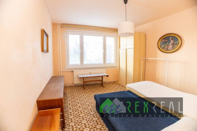 A room in a 4-room apartment with a window, carpet, and ceiling light.