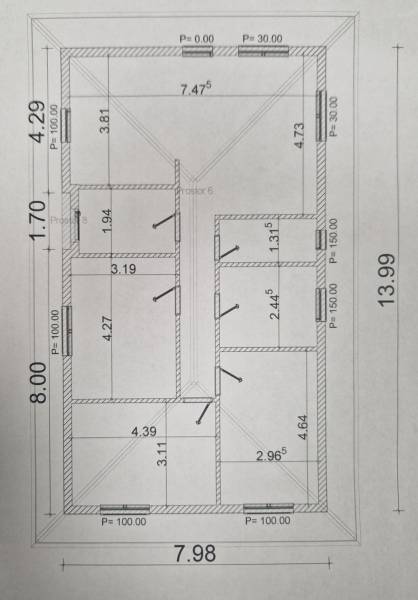 Floor plan of a family house in Cífer with room dimensions and marked walls.