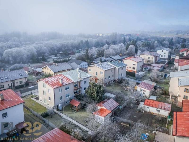Family houses in the winter environment of Poprad surrounded by sparse forest and frozen trees.