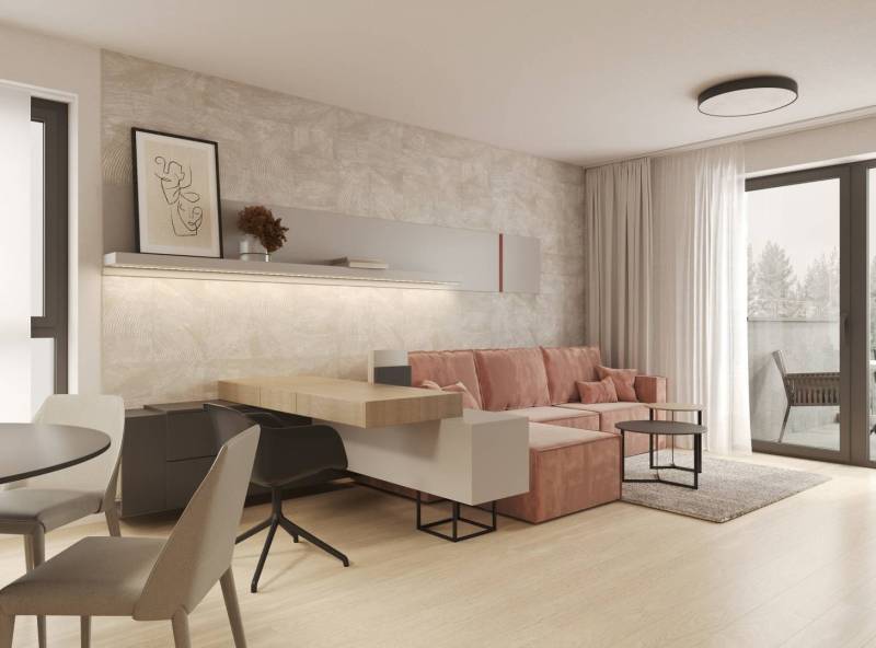 Living room with a beige wall, pink sofa, and wood-patterned floor.