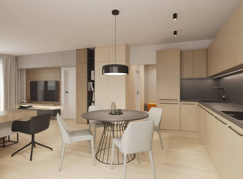 A living room with a kitchenette, modern furniture, and a wooden decor floor.