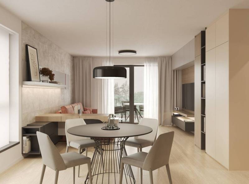 Living room with a dining table, wood-patterned floor, and a balcony.