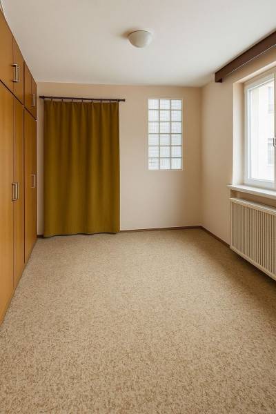 A room in a family house with a carpet, a built-in wardrobe, and a curtain.