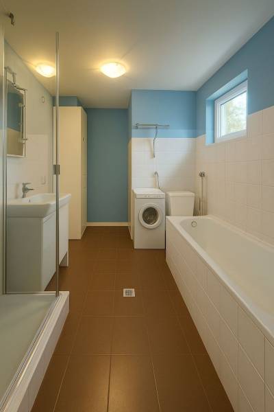 A bathroom with a bathtub, shower, and washing machine in a family house with blue walls.