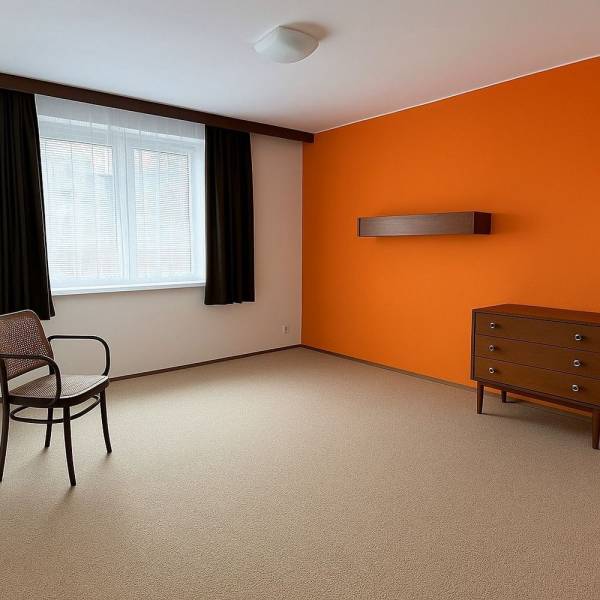 A room with an orange wall, furniture, a window, and carpeted flooring in a family house.