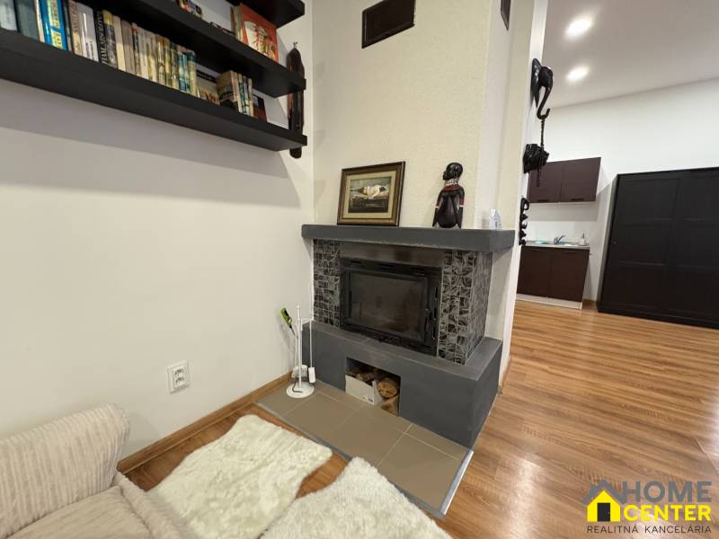 Living room in a one-bedroom apartment with a fireplace, a bookshelf, and a wooden decor floor.