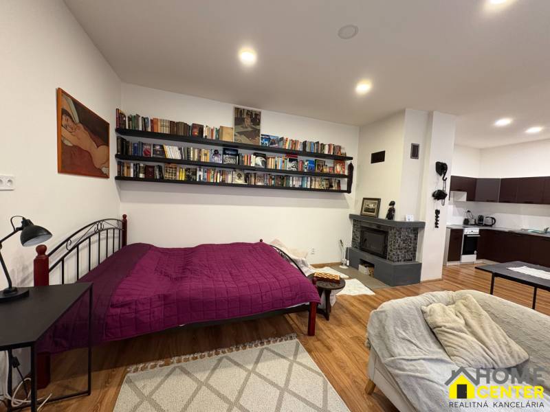 Interior of a 1-room apartment with bookshelves, a fireplace, wood-patterned flooring, and a kitchen.