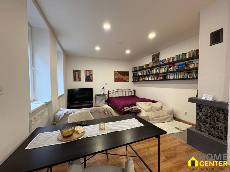 Living area of a studio apartment with a bookshelf, sofa, and bed, floor with wood decor.