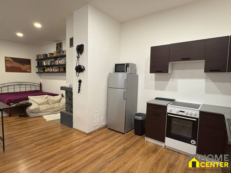 1-room apartment with a kitchen, books, and a bed; floor with wooden decor.