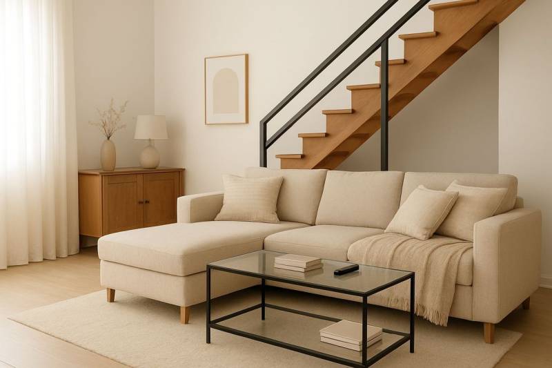 Interior of a building with a beige sofa, staircase, and wood-patterned flooring.