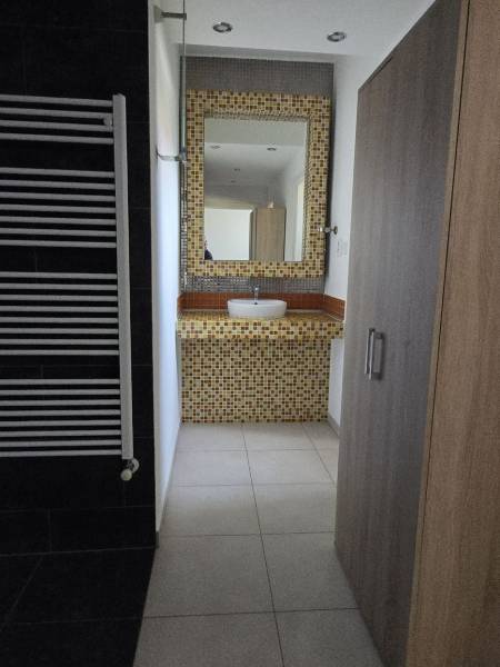Bathroom with a sink, mosaic, and towel rack, floor with wood decor.