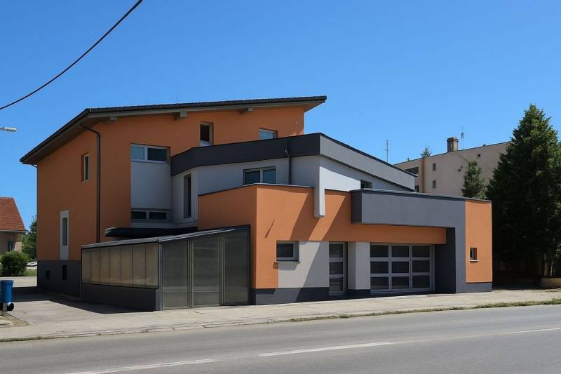 A building in Šaľa with a modern design, an orange-gray facade, and large windows.