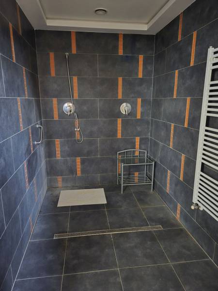 A bathroom with dark tiles, a shower, and a white radiator in a building.