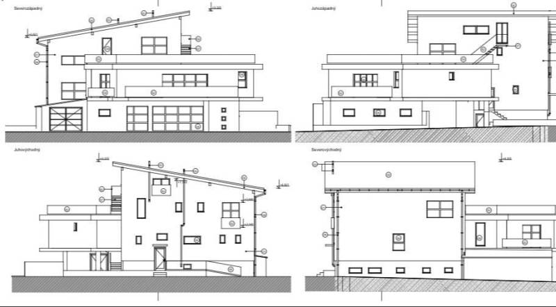 Architectural plan of a building in Šaľa with a sloped roof and multiple floors.
