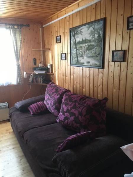 A wall paneled with wood with a sofa, a painting, and a shelf in a cabin.