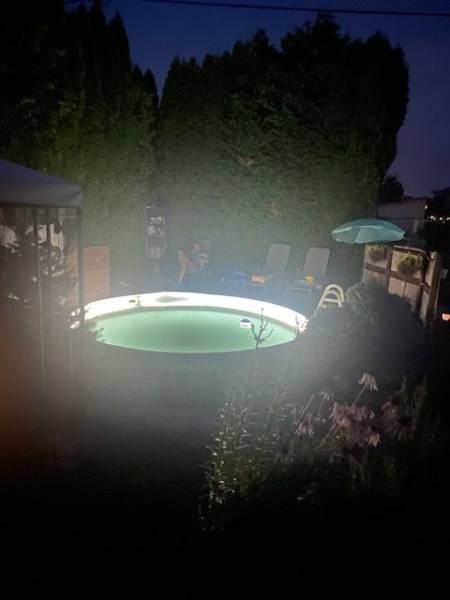 A night garden by the cottage in Kráľová nad Váhom with a lit pool and loungers.