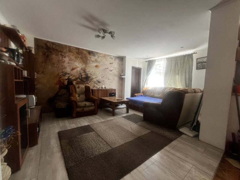 Living room in a family house with a sofa, armchairs, and a mural behind the seating area.