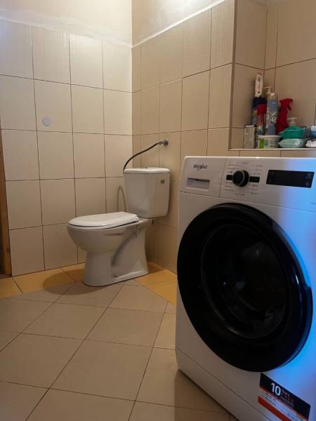 A bathroom in a family house with a toilet and a washing machine on the tiles.