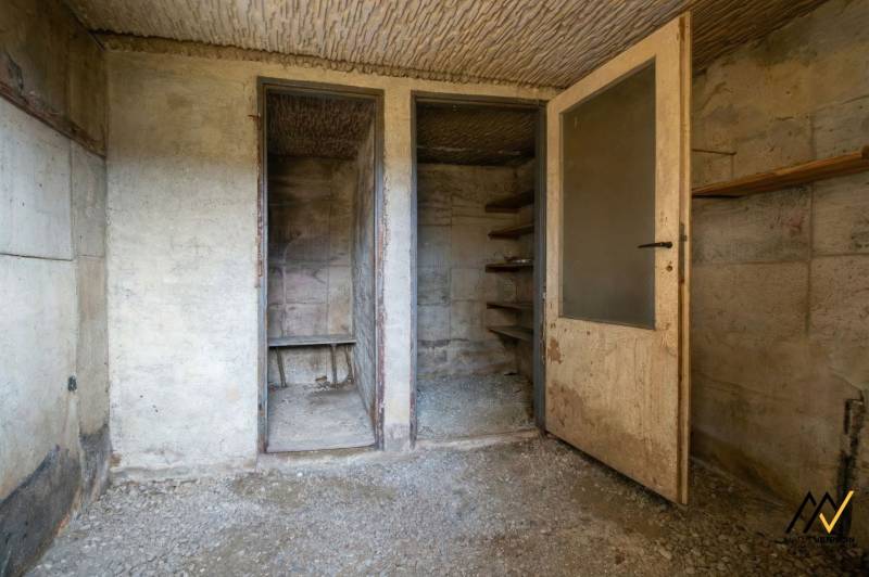 Concrete room in a cabin with shelves, doors, and unfinished floor.