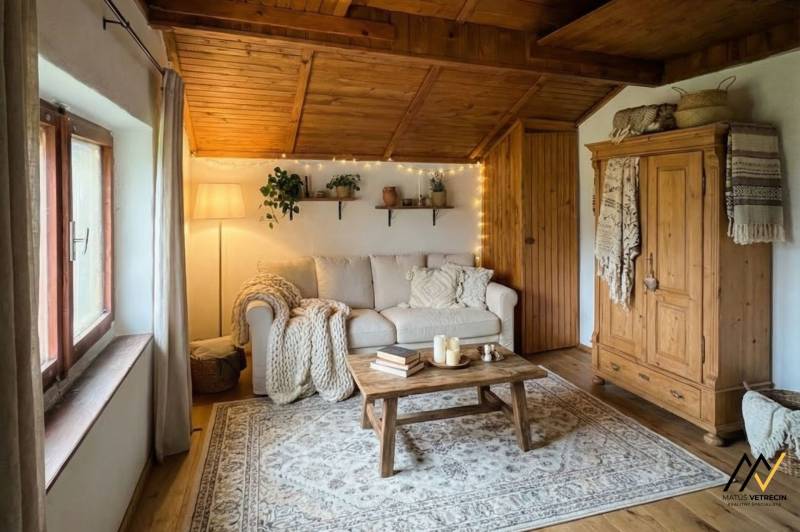 Cozy living room in a cottage with a sofa, wooden decor, and decorative lights.