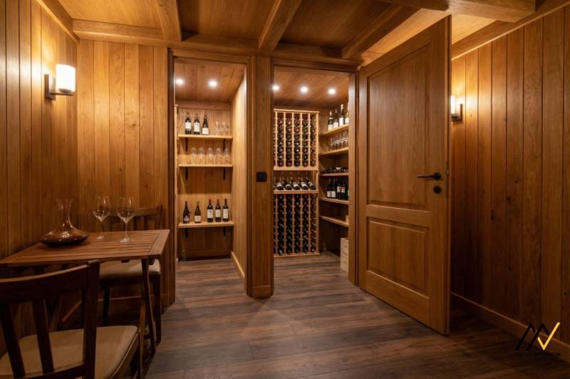 Wooden interior of a wine shop with wine shelves and a floor with a wooden decor.