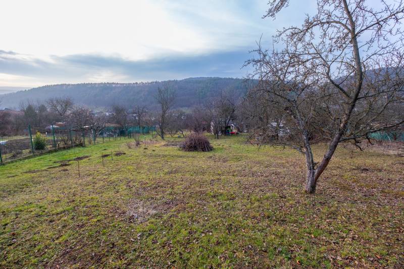 A garden with fruit trees near a cottage in Prešov surrounded by hills and a fence.