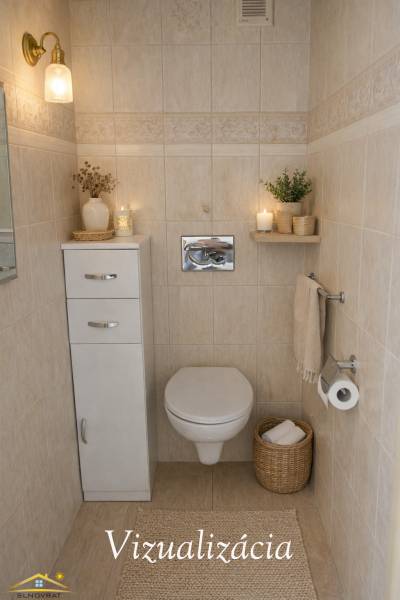 A bathroom in a 3-room apartment with storage space, candles, and textile accessories.