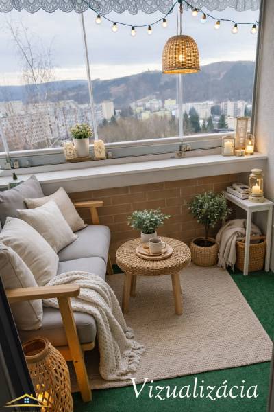 A furnished balcony with seating in a 3-room apartment. Panorama of the city of Čadca in the background.