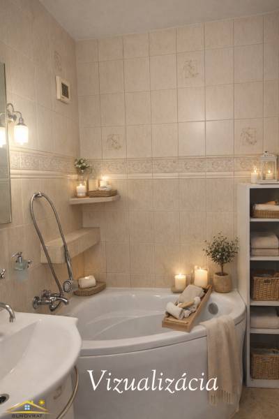 The bathroom in a 3-room apartment with a bathtub, candles, and tiles creates a cozy atmosphere.