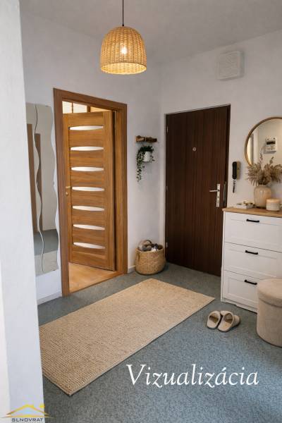 3-room apartment with warm lighting, wooden doors, and white furniture.