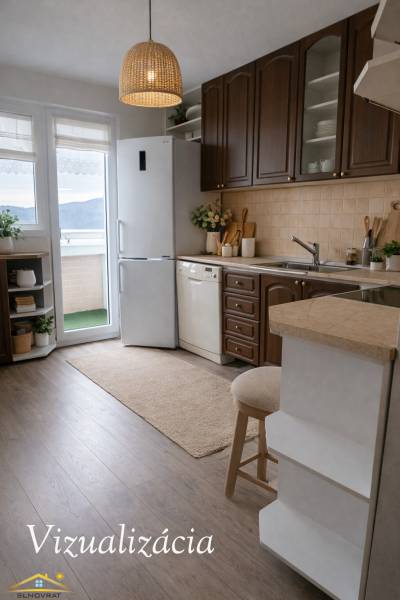 A kitchen with dark cabinets and a refrigerator in a 3-room apartment, floor with wood decor.