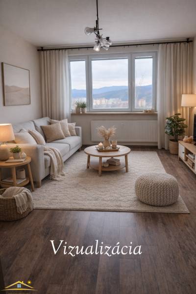 Living room in a 3-room apartment with a wooden decor floor and comfortable seating.