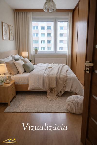 Bedroom with a bed, carpet, and wooden decor flooring in a 3-room apartment.