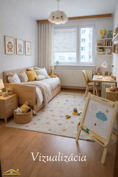Children's room with wood-patterned flooring, a bed, play toys, and a drawing board.