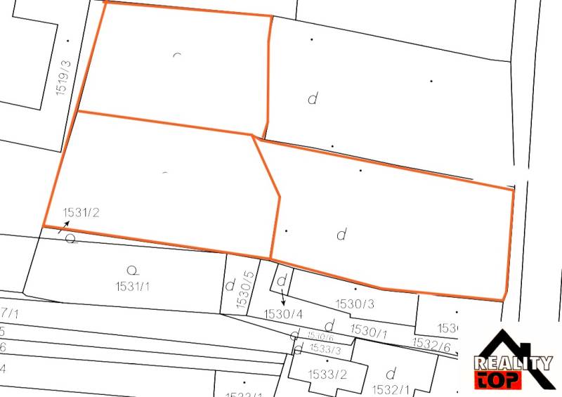 Cadastral map with marked plots designated for residential land in Radzovce.