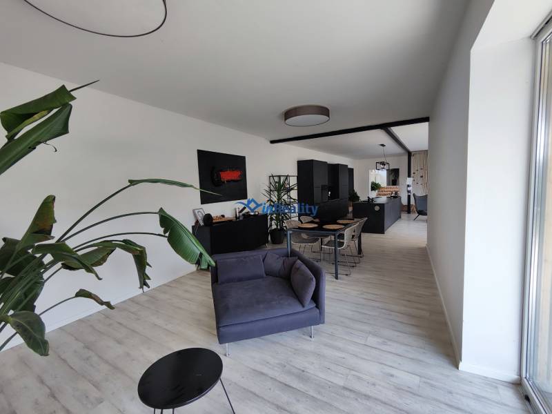 Living room in a family house with a wooden decor floor, gray furniture, and a plant.