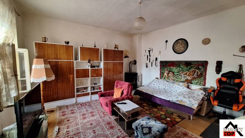 Living room in a family house with a carpet, sofa, and shelving storage system.