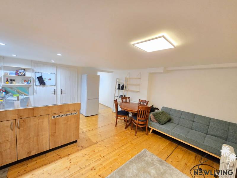 Living area of a studio apartment with a sofa, dining table, kitchen, and wooden decor flooring.