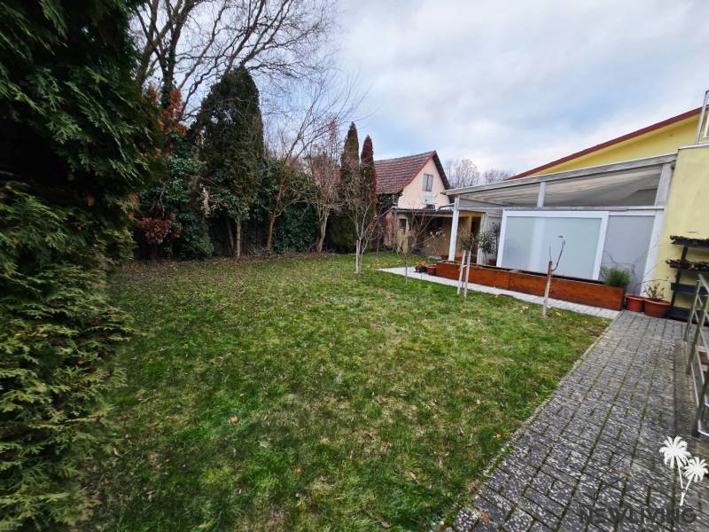 The garden at the house on Lesná Street in Banka with a lawn and terrace.