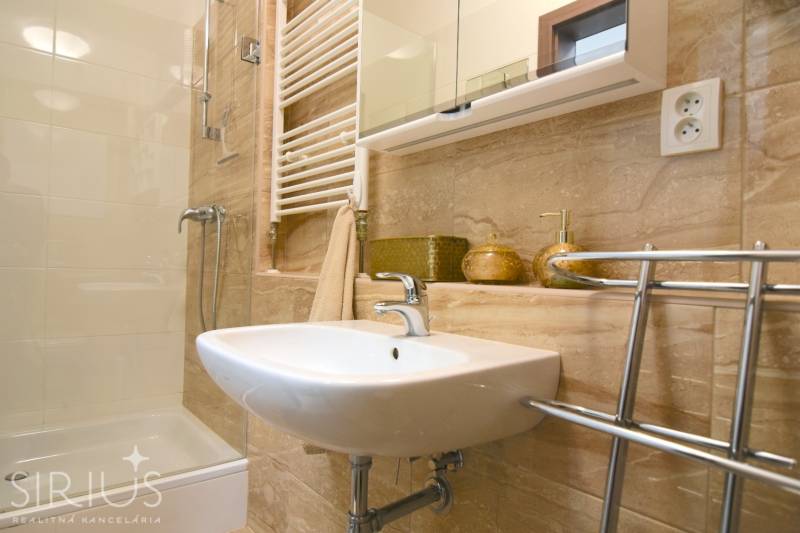 Bathroom with a sink, shower, and mirrored cabinet in a 2-room apartment.