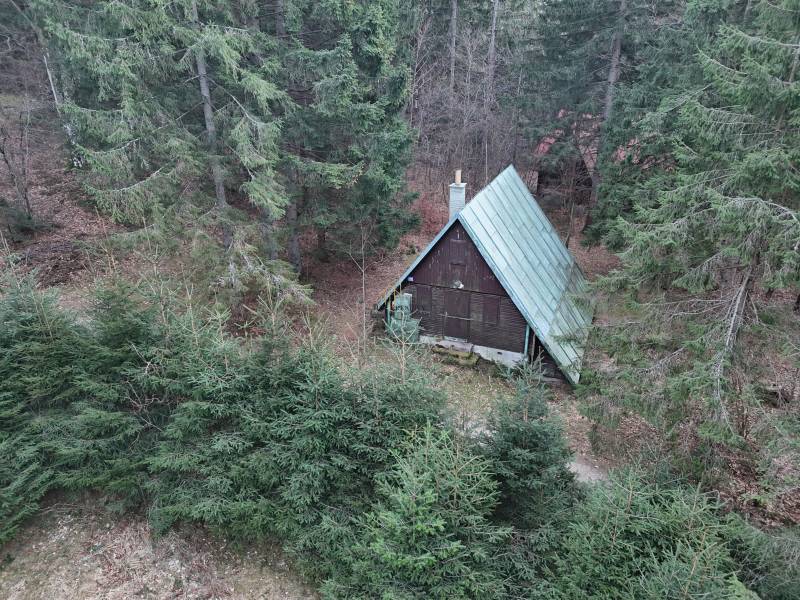 A cabin in Krpáčovo on Krpáčovo street surrounded by coniferous trees.
